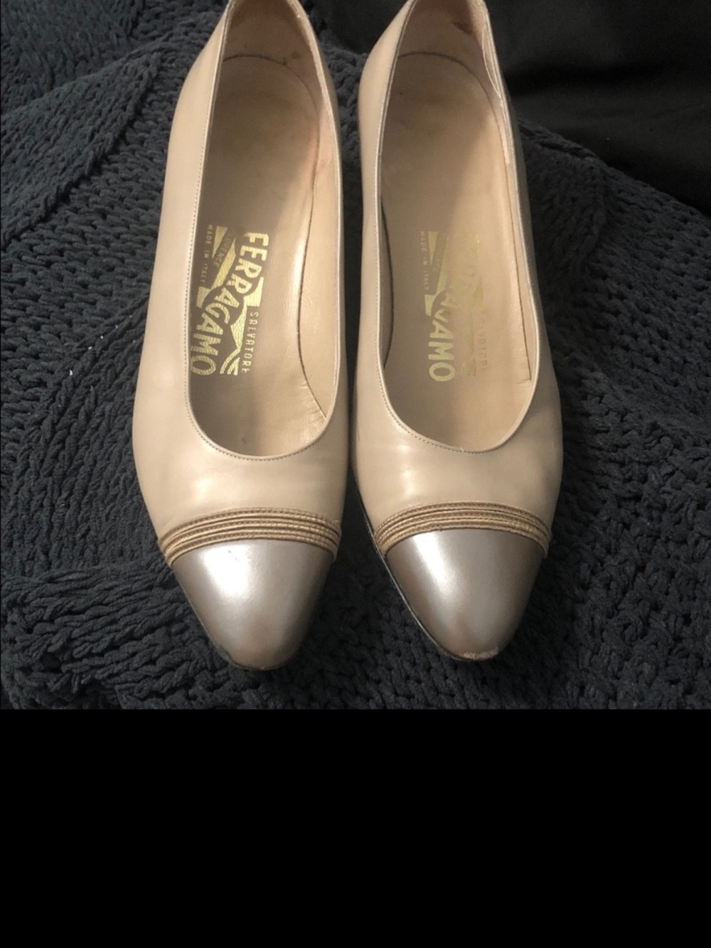 2 pairs/ 1 Ferragamo Black Leather 7 and 1 pair Cream Vintage Navone Pumps | 7B